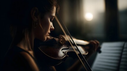 Fototapeta premium Focused violinist playing a string instrument with sheet music in soft natural light
