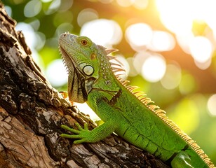 Obraz premium A close-up photograph showcases a vibrant green iguana perched on a tree branch, basking in sunlight. Its scales are detailed