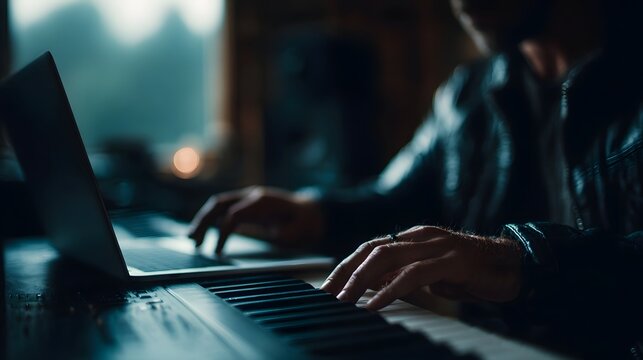 A person s hands playing a MIDI keyboard connected to a laptop in a dimly lit creative production studio atmosphere