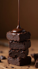 Obraz premium A close-up photograph of a stack of five rich, chocolatey brownies being drizzled with melted chocolate