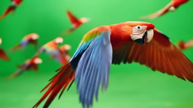 Colorful macaws flying against a vibrant green backdrop