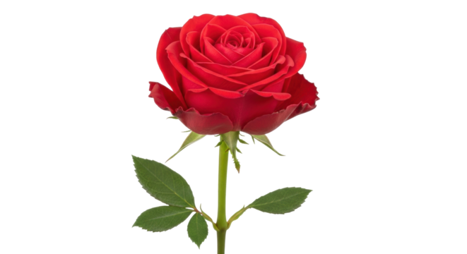 Isolated scarlet rose close-up showing stem and leaves, a single red bloom, no background, elegant