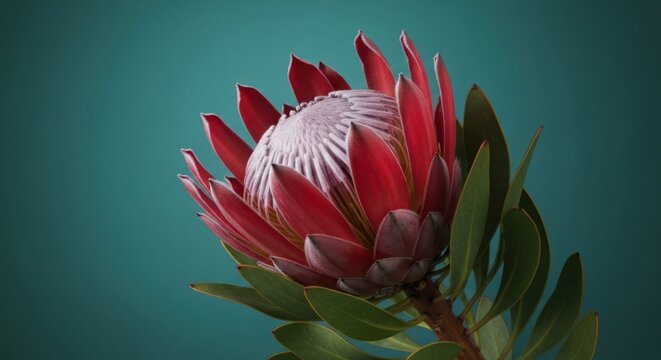 Vibrant protea blossom with red petals and green leaves against a teal background