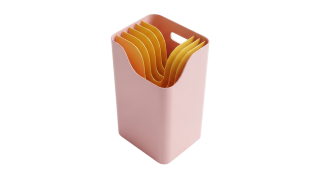 Isolated pink desk organizer with yellow dividers for school or office supplies storage