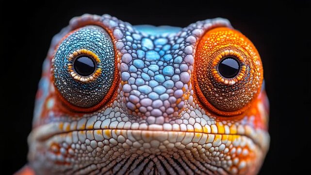 Close up of a colorful chameleons face with large eyes.
