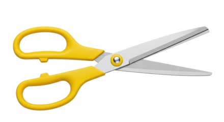 Isolated stationery scissors for cutting paper, ribbon or crafts, in a bright yellow color