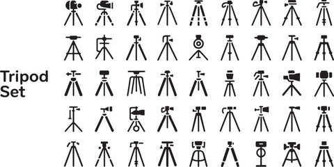 Diverse tripod icon bundle set black silhouette art collection for photography and equipment