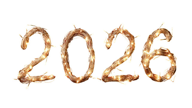 Number 2026 formed by glowing string lights creating festive celebration decoration with warm illumination and cheerful atmosphere on white background
