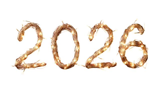 Number 2026 formed by glowing string lights creating festive celebration decoration with warm illumination and cheerful atmosphere on white background
