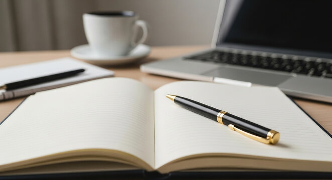 Open notebook with pen, laptop and coffee cup on wooden desk workplace with blank page for writing and planning business concept