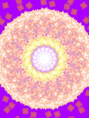 Explosive digital abstract mandala featuring concentric rings of bright, twinkling sparkle and star shapes in orange, yellow, and lavender, on a striking vibrant purple background.