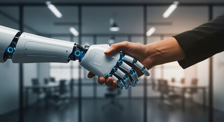 Human and robot handshake illustrating collaboration and technological advancement