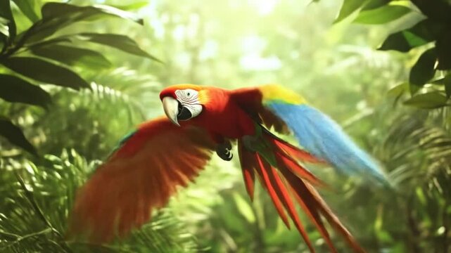 Colorful parrot in flight amidst lush green foliage
