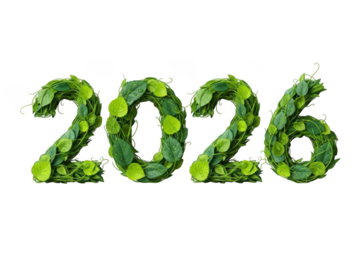 Ecofriendly 2026 new year design isolated on transparent background with leaves