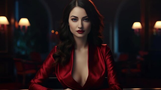 A woman with a smirk on her face and her hand on her hip sits in an opulent room.