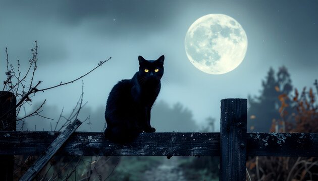 A striking image of a black cat with piercing yellow eyes sitting on a wooden fence against a large full moon in a dark, atmospheric night sky.