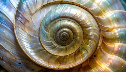 Obraz premium A close-up photograph showing the intricate spiral of a nautilus shell, revealing pearlescent iridescent colors