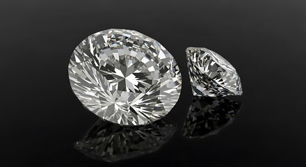 Two Sparkling Diamonds on Black Reflective Surface - A Study in Clarity and Brilliance.