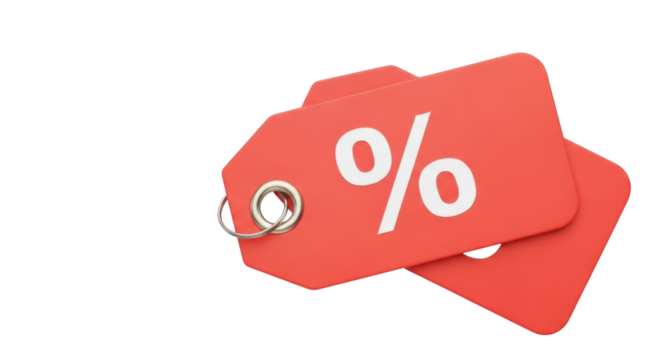 Isolated stack of red price tags displaying percentage discount, product promotion