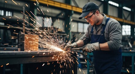 Welder sparks at metal. Workshop, cap, eye protection. Safety in foreground