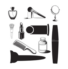 Fototapeta premium Makeup and Beauty Tools Silhouette Set, Black Vector Cosmetic Illustrations.