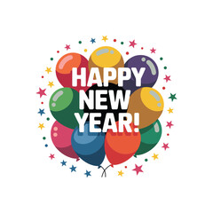 Colorful Balloon Celebration with "Happy New Year" Text and Confetti on White Background