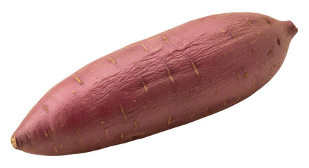 Isolated sweet potato with smooth, reddish-brown skin, featuring subtle textures & spots