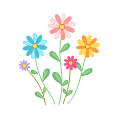 Vector art of a vibrant illustration of a bouquet of colorful cartoon daisies with green stems and leaves, isolated on a, perfect for spring and summer themes