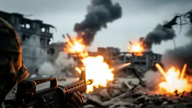 soldier seen from behind aims rifle with bright muzzle flash amidst an urban combat zone Destructive explosions ignite buildings and rubble billowing thick smoke under somber sky