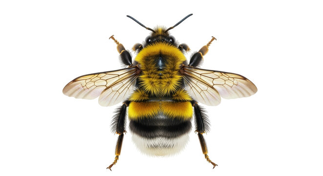 Isolated hairy bumblebee with wings spread, closeup of insect body, fuzzy bee on a clean scene