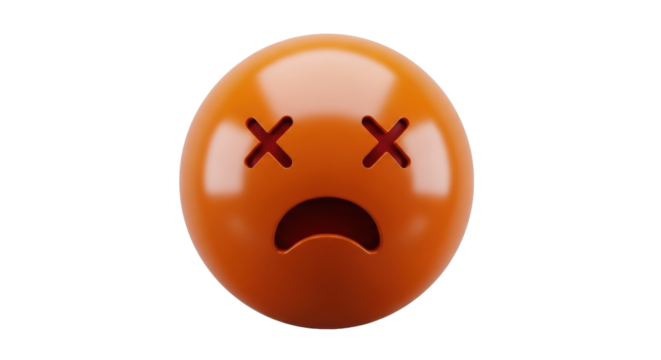 Isolated 3D orange dead emoji symbol with crossed eyes and unhappy mouth expression