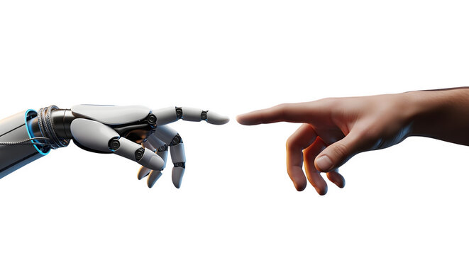 Autonmous AI agent and human touch futuristic meeting interaction and collaboration. Interaction between humanity and technology robot. The creation of adam robotic AI automation 