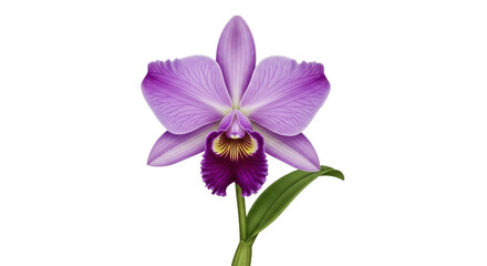 Isolated blossom of a purple and yellow Cattleya orchid, a single flowering stem lovely
