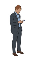 Businessman in a dark suit using smartphone, isolated vector illustration on white background
