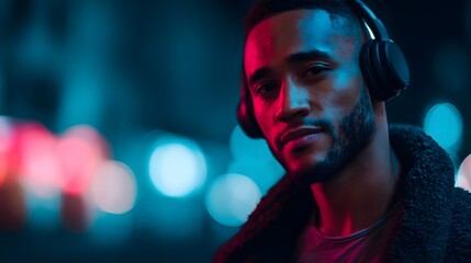 Man wearing headphones under vibrant neon city lights at night