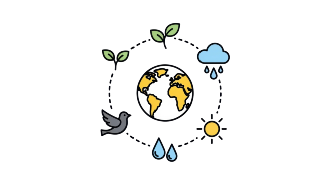 Isolated Environment life cycle with globe, sun, rain, bird, leaves, water drop in circle