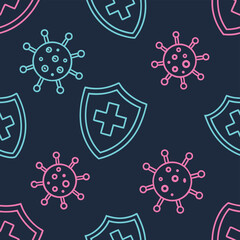 High quality photo of coronavirus protection shield and virus icons seamless pattern vector