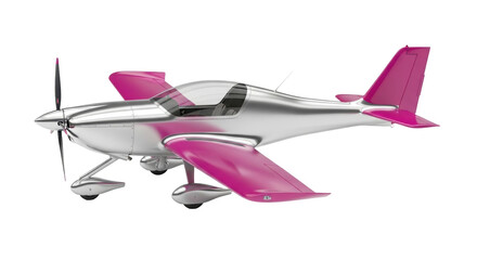 Isolated single-engine aircraft sports a vibrant pink and silver color scheme, cool design