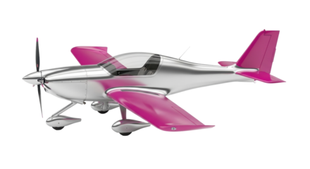 Isolated single-engine aircraft sports a vibrant pink and silver color scheme, cool design