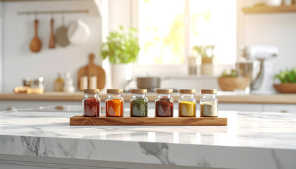 Culinary display of assorted colorful spices in glass jars on a wooden stand, ready for cooking in a sunlit modern kitchen