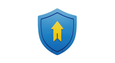 Isolated blue shield icon with arrow, emblem security symbol or safe badge sign, 3d render