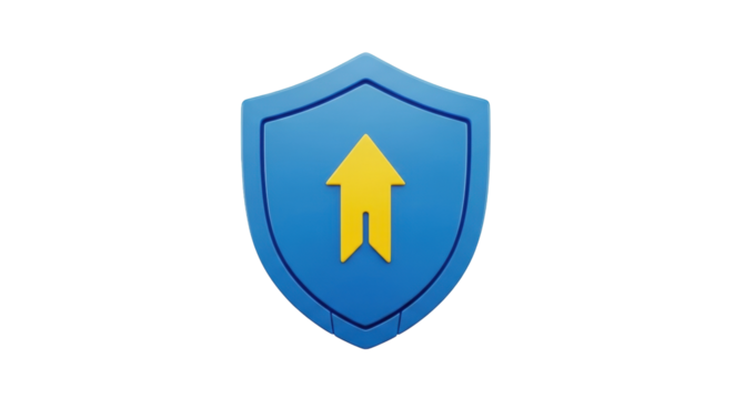 Isolated blue shield icon with arrow, emblem security symbol or safe badge sign, 3d render