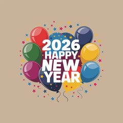 2026 Happy New Year Celebration with Colorful Balloons and Confetti on Beige Background