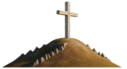Isolated symbolic wooden Christian cross atop a small bare hill in landscape scenery