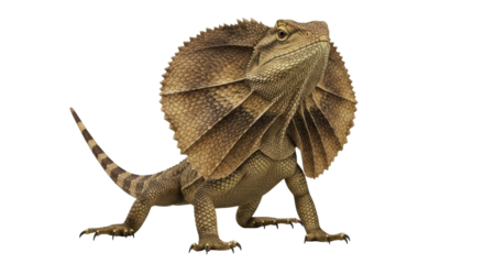 Isolated frilled-neck lizard with its fan extended, striking a pose in the studio setup
