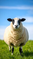 Fototapeta premium A close-up portrait features a fluffy sheep with a black and white face and legs, standing in a green meadow. Bright blue sky