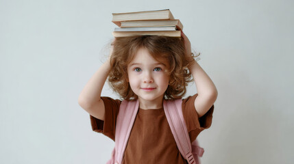 Smiling girl in brown T-shirt and a pink backpack holding a stack of books above head with hands standing in front of a white background. Generative AI