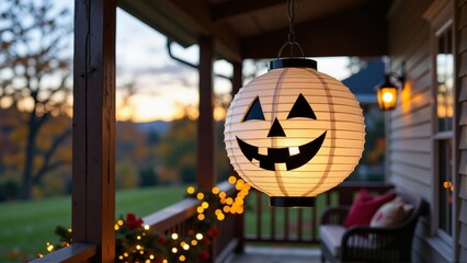Ghost lantern hanging porch with mischievous grin, soft light creating cozy atmosphere. Concept of Halloween decoration with autumn landscape, string lights, and festive spirit.