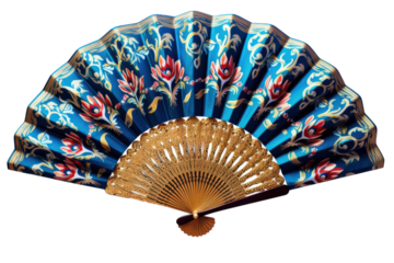 Ornate hand fan with blue floral pattern and gold trim