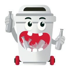 White recycling bin for clear glass collection, funny flat style illustration with bottles. Vector isolated on white background.